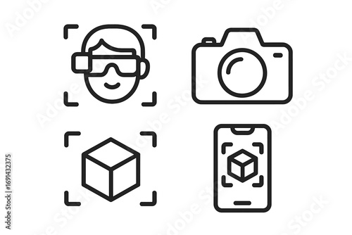 Minimalist technology icon set featuring augmented reality headset, camera, 3D cube scanning, and mobile AR app interface vector illustration with transparent background