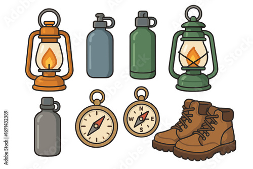 Camping equipment and hiking gear set. Vector cartoon illustration of outdoor adventure items. Lantern, water bottle, compass, and hiking boots for travel and survival.