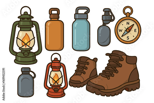 Camping gear essentials for adventure and hiking. Outdoor equipment set with lantern, compass, water bottle and boots. Survival and travel kit. Vector cartoon icons collection.