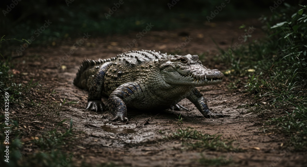 Obraz premium Alligator in the mud. Discover this powerful reptile