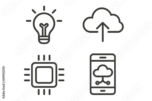 Minimalist technology line icons set featuring innovation concept, cloud uploading, processor chip, and mobile cloud connectivity, vector cartoon illustration, transparent background