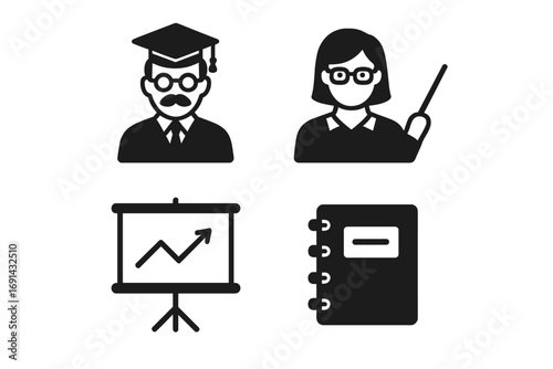 Education and business icon set. Professor, teacher, presentation chart and notebook symbols. University, college, school, learning, lecture and study vector graphics.
