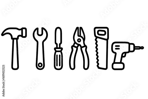 Minimalist tool icons set with hammer, wrench, screwdriver, pliers, saw, and drill, vector cartoon illustration, transparent background, organized and simple hand tool symbols