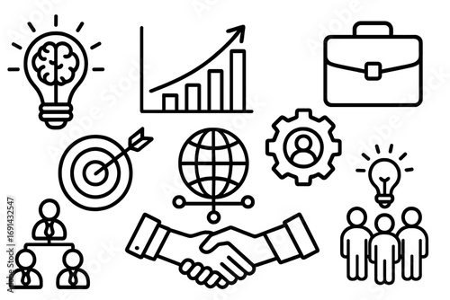 Business icon set. Line icons for success, strategy, teamwork, finance and growth. Vector symbols for concepts like partnership, idea, goal, management, and analysis.