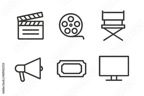 Minimalistic Cinema Icons Set with Clapperboard, Film Reel, Director Chair, Megaphone, Ticket, Screen. Vector Cartoon Movie Production, Film Industry, Theater Equipment Transparent Background