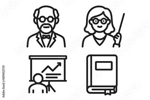 University education line icon set. Professor, teacher, academic lecture, book icons. Vector symbols for learning, school, college, study, business presentation.