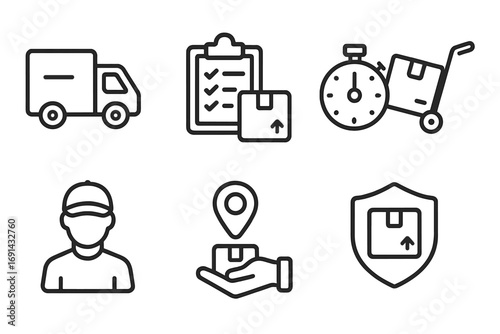 Minimalistic line icons for delivery and logistics services, vector set with truck, checklist, stopwatch, courier, package tracking, and secure shipment illustration