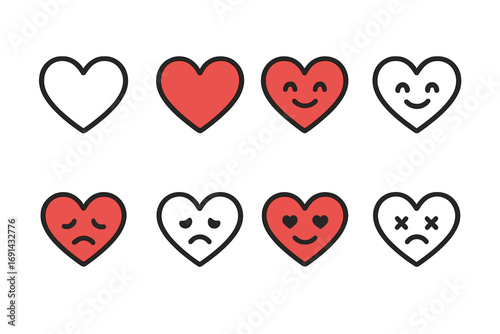 Minimalistic heart and emotion icon set with stroke and fill variations, cartoon style, transparent background, love symbols, happy and sad faces, social media icons
