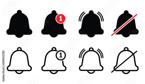Set of bell notification icons in black and white Keywords: bell, notification, alert, icon