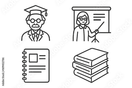 Education and university linear icons set. Professor with graduation cap, teacher at presentation board, books, notebook. Simple outline vector symbols for learning, college.