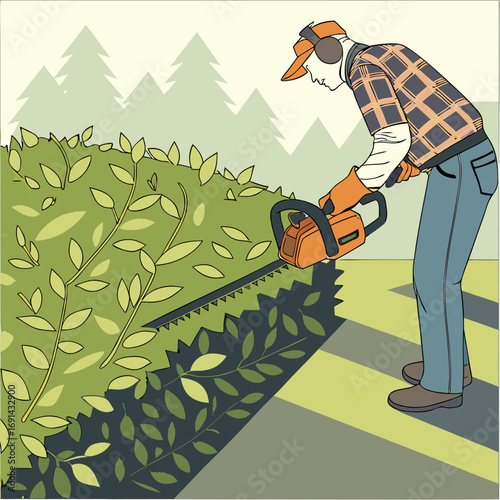 Person using hedge trimmer to cut a bush in a garden.