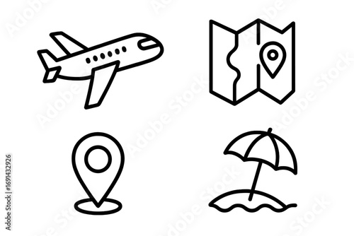 Vacation simple linear icons set including airplane, map with location marker, pinpoint symbol, beach umbrella on shore, travel and holiday concept for cards, apps, websites vector