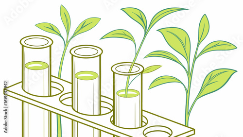 Plant Science Research Test Tubes with Saplings and Liquid.