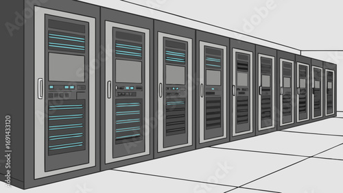 Rack Servers in a Data Center Technology Infrastructure Network Hardware Computer Room Illustration.