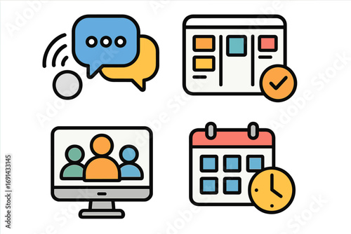 Business communication icon set. Project management, online collaboration, scheduling tools. Remote work, virtual team meeting, deadline, workflow. Vector illustration.