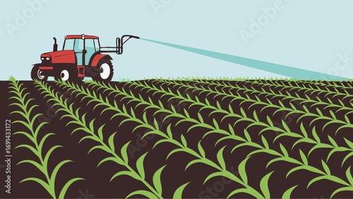 Red Tractor Spraying Crops in a Field.