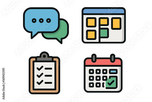 Business collaboration icon set. Project management tools for digital communication, scheduling, and planning concepts. Vector icons for chat, calendar, checklist, and tasks.