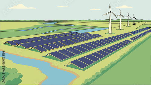 Renewable Energy Farm Solar Panels and Wind Turbines in Green Landscape.