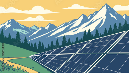 Renewable Energy Solar Panels in Mountain Landscape Illustration.