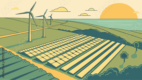 Renewable Energy Source Solar and Wind Farm Illustration Green Energy Sustainable Power Generation.