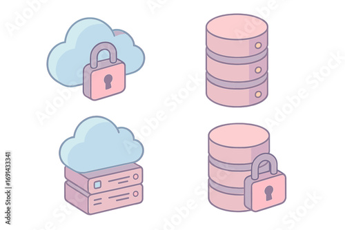 Pastel isometric technology icons cloud security data storage concept, vector cartoon illustration set with padlock protection, server units, secure cloud computing design, transparent background
