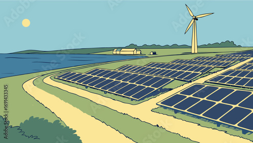 Renewable Energy Sources Solar Panels and Wind Turbine in a Rural Landscape.