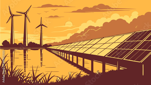 Renewable Energy Sources Wind Turbines and Solar Panels at Sunset.