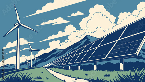 Renewable Energy Wind Turbines and Solar Panels in a Scenic Landscape.