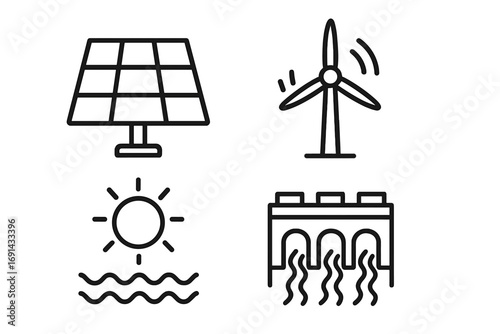 Set of renewable energy linear icons with solar panel, wind turbine, sun over water, hydro power plant, clean energy symbols, sustainable environment concept vector illustration