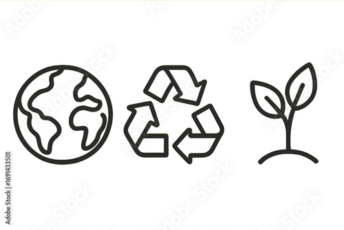 Simple eco-friendly linear icons set featuring earth globe, recycling symbol, and young plant growth, environmental protection vector cartoon illustration with transparent background