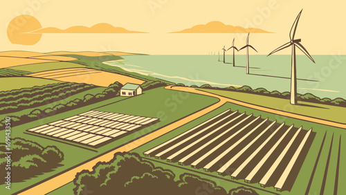 Rural landscape with renewable energy sources sustainable farming and aerial view.