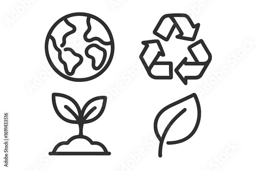 Simple eco-friendly linear icons set featuring Earth globe, recycling symbol, plant sprout, leaf nature signs, environmental protection, green sustainable life vector illustration