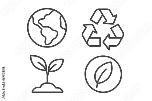Simple linear eco-friendly icons set featuring Earth globe, recycling arrows, young plant sprout, and single leaf symbol, environmental conservation, green nature vector illustration