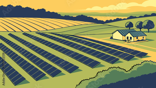 Rural landscape with solar panels and farmhouse sustainable energy renewable power illustration.