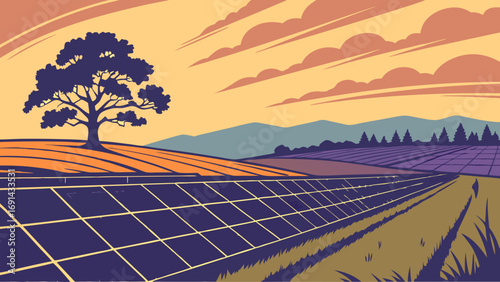 Rural landscape with solar panels and sunset alternative energy clean energy sustainable living farm agriculture nature illustration.