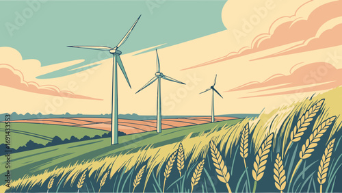 Rural landscape with wind turbines and wheat field under a cloudy sky.