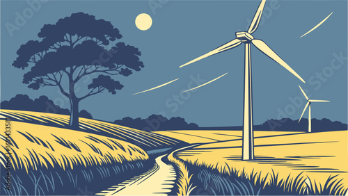 Rural landscape with wind turbines at night stylized illustration.