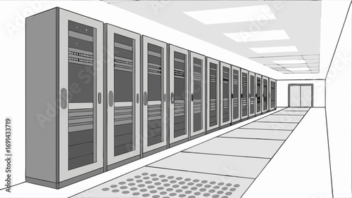 Server Room Corridor Data Center Interior Network Servers Technology Infrastructure Illustration.