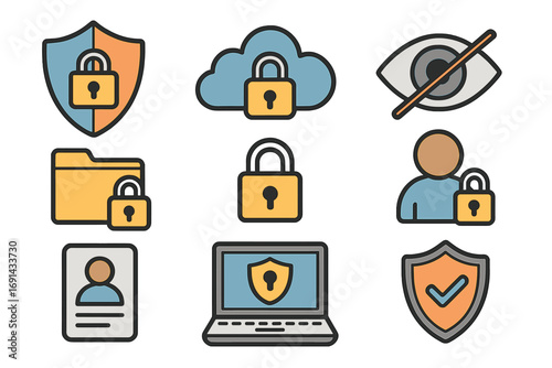 Cybersecurity icon set for data protection and internet privacy. Vector collection of security symbols like padlock, shield, cloud, and protected user access concepts.