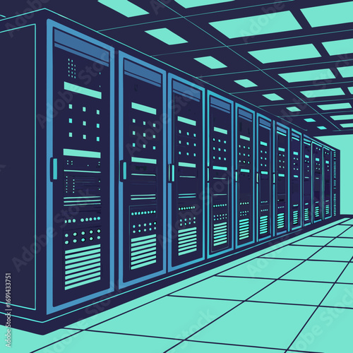 Server Room Interior Rows of Network Servers and Data Storage Units.