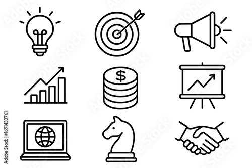 Simple linear icon set for business and digital marketing concepts with transparent background, featuring strategy, growth, finance, communication, online, presentation, and partnership symbols