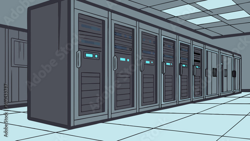 Server room interior data center infrastructure technology background computer network digital storage IT equipment servers racks cabinets network security data processing cloud comput.