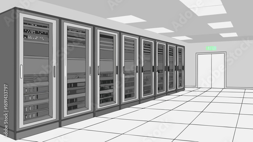 Server Room Interior Data Center Rack Technology Infrastructure Network Equipment IT Illustration.