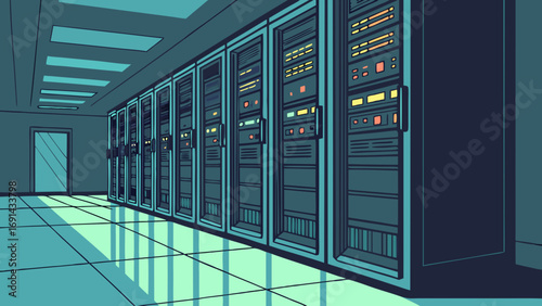 Server Room Interior Data Center Technology Illustration Network Hardware Digital Infrastructure IT Room Design.