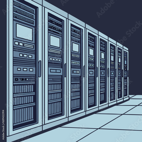 Server Room Data Center Network Infrastructure Technology IT Servers Computer Hardware Digital Internet Cloud Computing Hosting Data Storage Backup Technology Background Web Hosting.