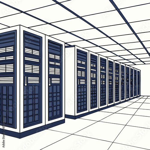Server Room Data Center Network Infrastructure Technology IT Servers Computer Rack Data Storage Digital Technology Background White Floor Blue Servers Modern Data Center Clean Room.