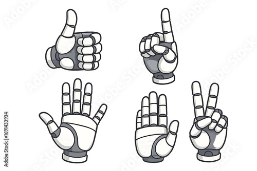 Robot hand gestures set. Robotic arm collection with thumbs up, peace sign, pointing finger. Vector cartoon illustration of android technology, AI, cyborg counting.