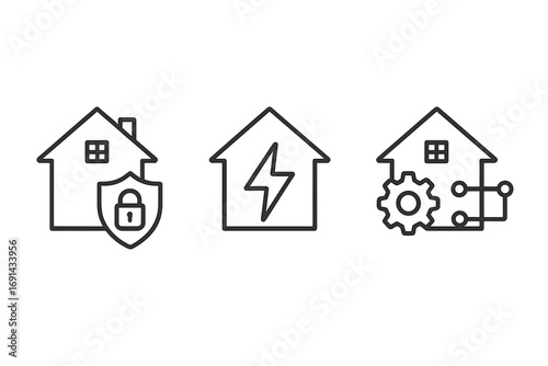 Smart home technology icons linear style security energy automation, home safety, power management, connected devices, smart house symbols, home automation system vector set