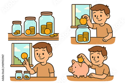 Saving money concept. Cartoon boy puts coins in a glass jar and piggy bank. Financial literacy for kids. Personal finance, investment, wealth growth, banking vector set.