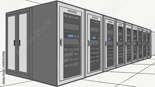 Server room data center network technology illustration computer hardware rack servers IT infrastructure digital modern technology data storage networking equipment server racks tech.
